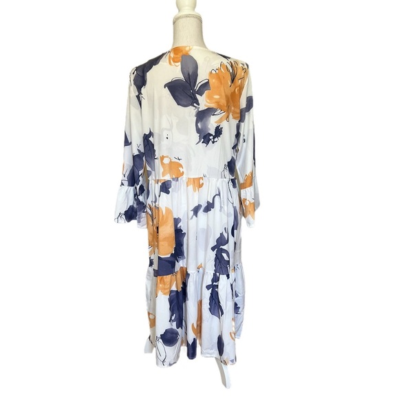 Floral Three Quarters Sleeve Tiered Maxi Dress White Yellow Large - Picture 3 of 5